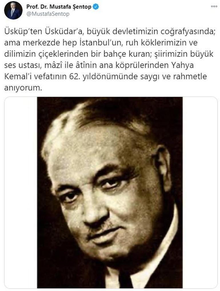 TBMM Başkanı Şentop, vefatının 62. yılında Yahya Kemal Beyatlıyı andı