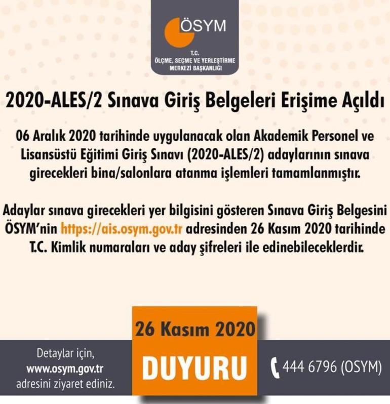 2020 ALES/2 sınava giriş belgeleri erişime açıldı