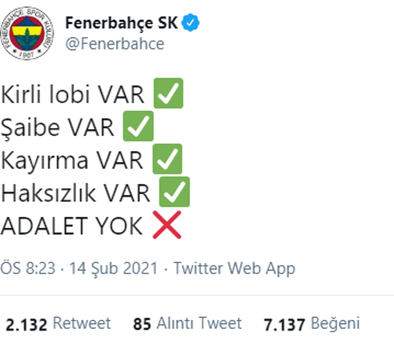 Son dakika - Galatasaray - Kasımpaşa maçı sonrası Fenerbahçeden paylaşım