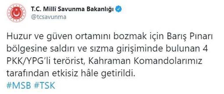Son dakika... Barış Pınarı bölgesinde 4 PKKlı etkisiz hale getirildi