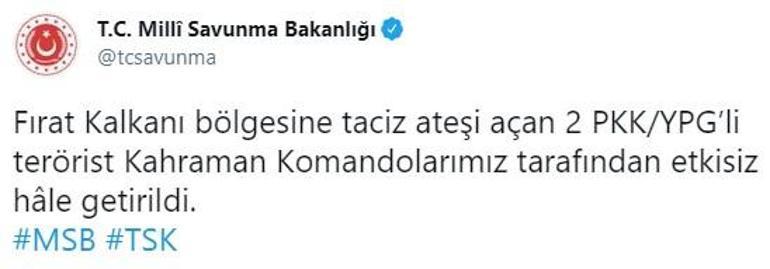 Son dakika... Fırat Kalkanı bölgesinde 2 PKKlı etkisiz hale getirildi