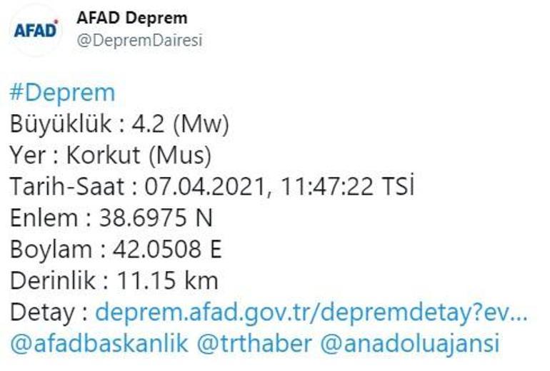 Son dakika... Bitlis ve Muşta 4.2 büyüklüğünde deprem AFAD ve Kandilliden peş peşe açıklamalar
