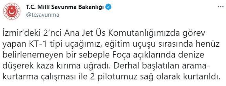 Son dakika haberi İzmirde askeri uçak düştü MSB: İki pilotun sağlık durumu iyi