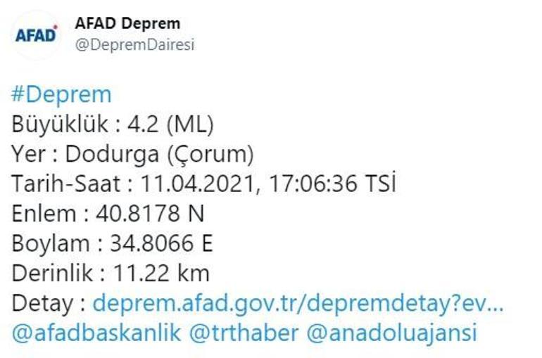 Son dakika... Çorumda 4.2 büyüklüğünde deprem