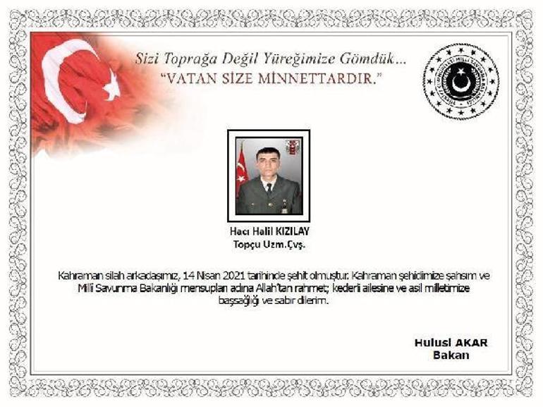 Bakan Akar: Kahraman şehidimize Allahtan rahmet dilerim