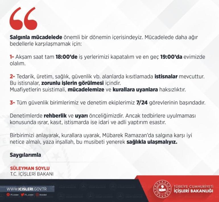 Son dakika... Bakan Soyludan flaş uyarı En geç 19.00da evimizde olalım