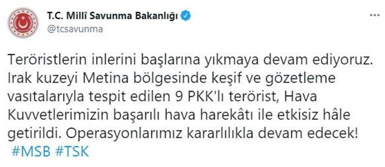 Son dakika... MSBden açıklama Metinada 9 PKKlı vuruldu
