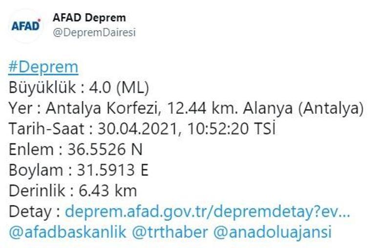 Son dakika haberi... Antalyada 4.0 büyüklüğünde deprem