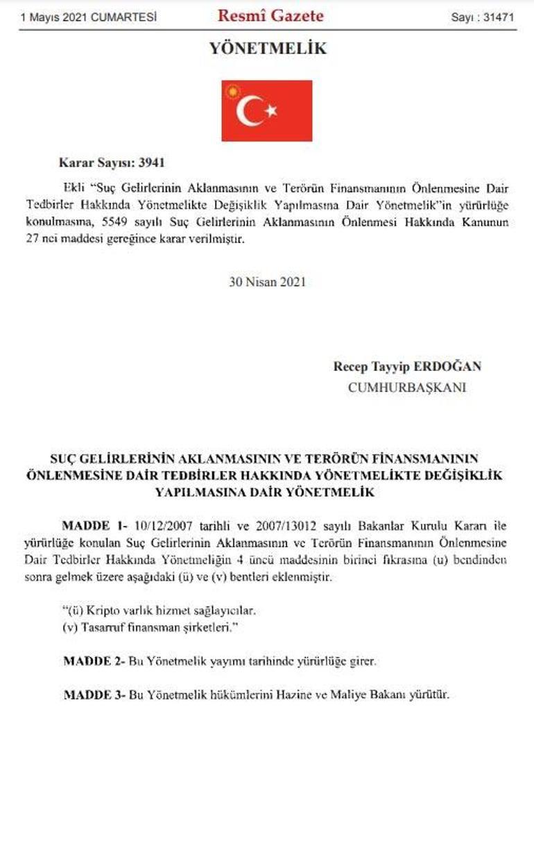 Resmen yayımlandı Kripto para için flaş düzenleme