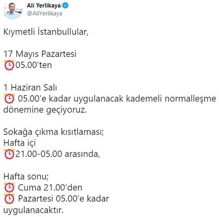 Son dakika... İstanbul Valisi Ali Yerlikayadan kademeli normalleşme ve kısıtlama paylaşımı