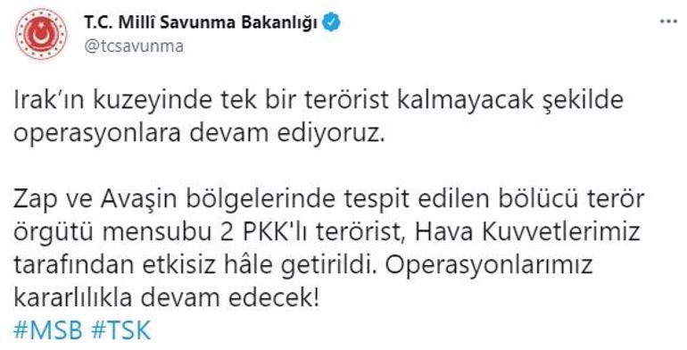 Zap ve Avaşinde 2 PKKlı terörist etkisiz hale getirildi