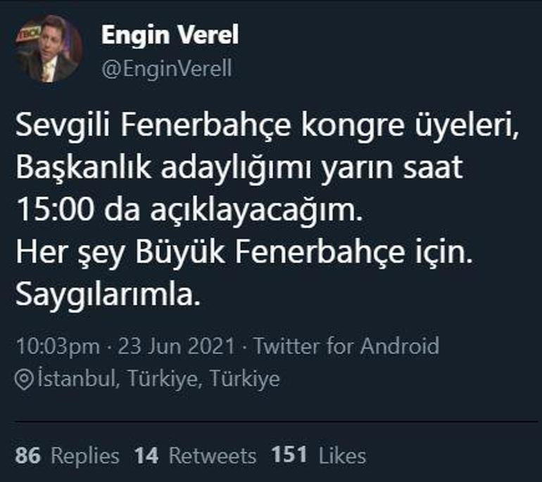 Son dakika - Engin Verel:  Yarın Fenerbahçe Başkan adaylığımı açıklayacağım