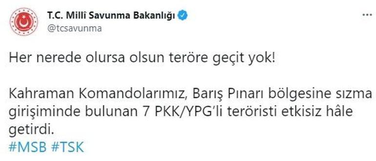 Barış Pınarı bölgesine sızma girişiminde bulunan 7 terörist etkisiz hale getirildi