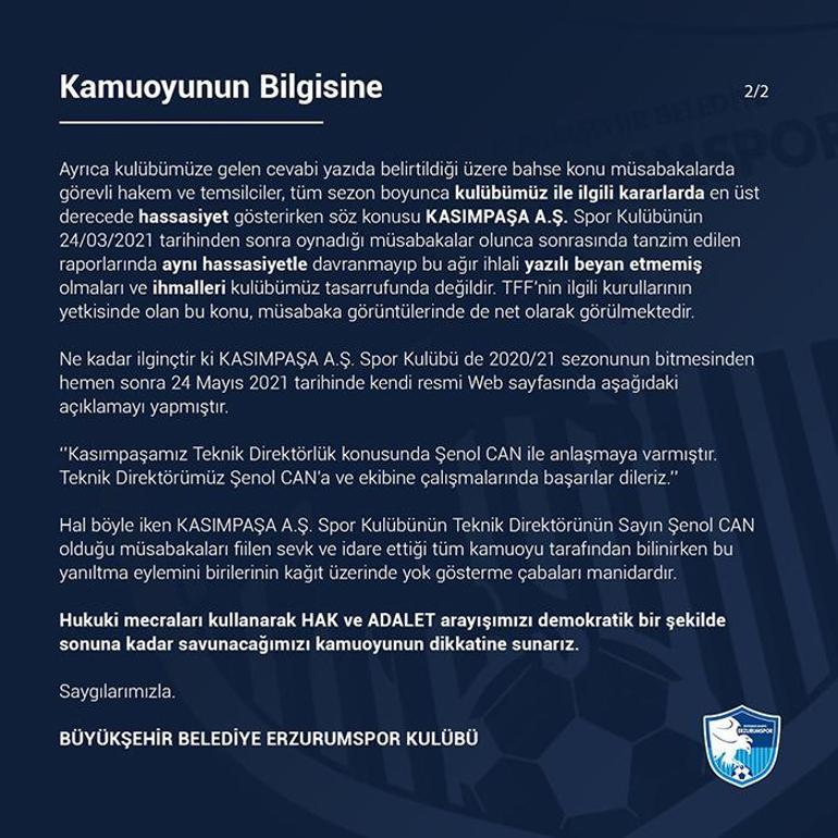 Son dakika - Erzurumspordan Kasımpaşa açıklaması TFFye başvuruda bulundu