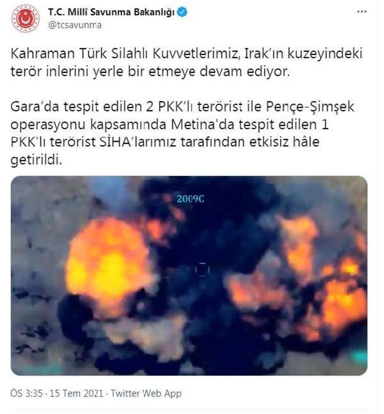 MSB: Irakın kuzeyinde 3 PKKlı terörist etkisiz hale getirildi