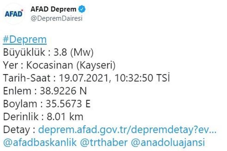 Son dakika... Kayseride 13 dakika arayla 3 deprem 3.8, 3.9 ve 3.0 büyüklüğünde...