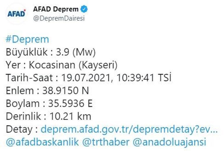 Son dakika... Kayseride 13 dakika arayla 3 deprem 3.8, 3.9 ve 3.0 büyüklüğünde...