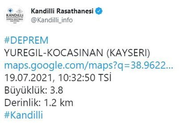 Son dakika... Kayseride 13 dakika arayla 3 deprem 3.8, 3.9 ve 3.0 büyüklüğünde...