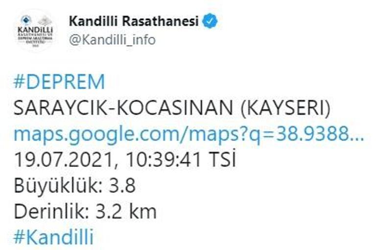 Son dakika... Kayseride 13 dakika arayla 3 deprem 3.8, 3.9 ve 3.0 büyüklüğünde...