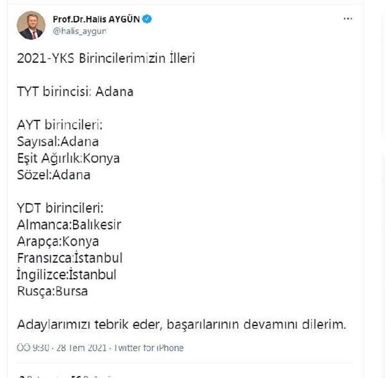 Son dakika... YKS birincilerinin illeri belli oldu