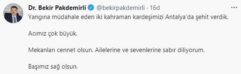 Bakan Pakdemirli yangına müdahale eden iki kişinin şehit olduğunu bildirdi