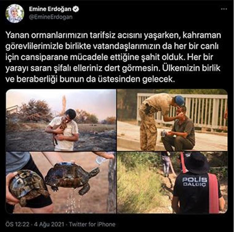 Emine Erdoğan, orman yangınlarına ilişkin paylaşım