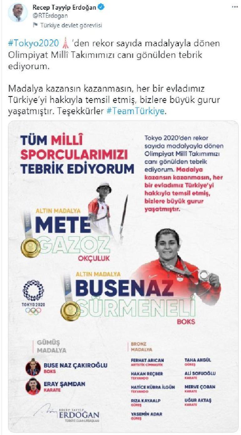 Cumhurbaşkanı Erdoğandan Olimpiyat Milli Takımına tebrik