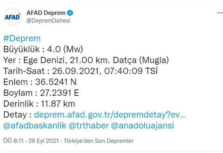 Son dakika... Datça açıklarında deprem Büyüklüğü...