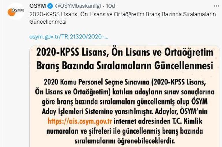 Son dakika... KPSS branş bazında sıralama güncellendi