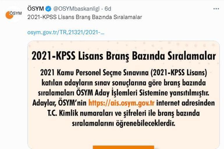 Son dakika... KPSS branş bazında sıralama güncellendi