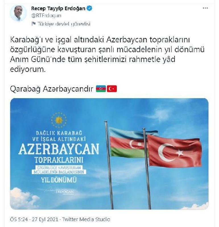 Cumhurbaşkanı Erdoğan, Karabağ Savaşı şehitlerini andı
