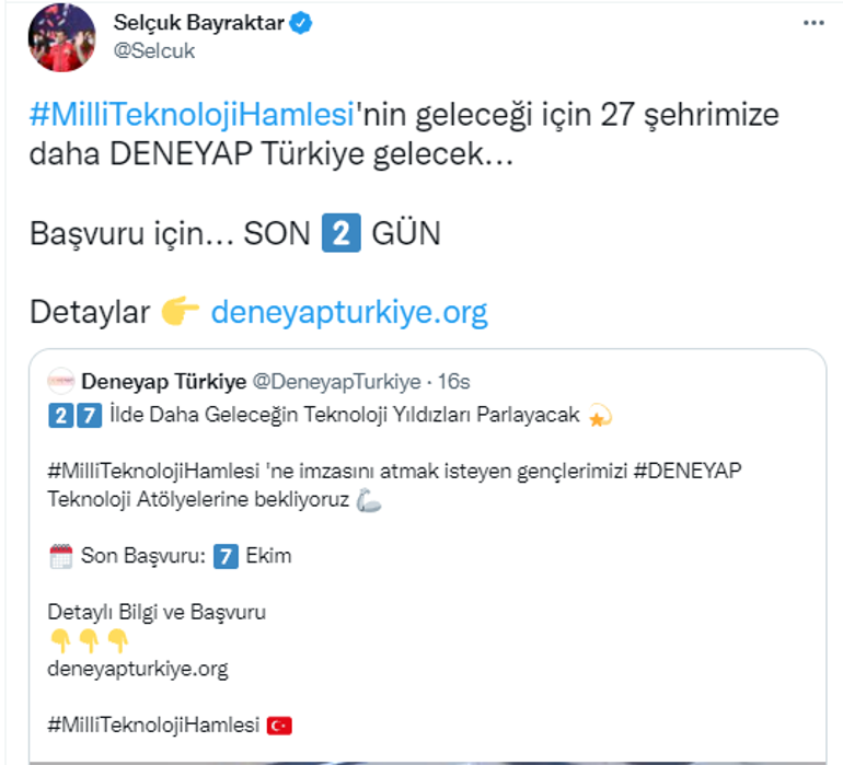 Bayraktardan DENEYAP paylaşımı