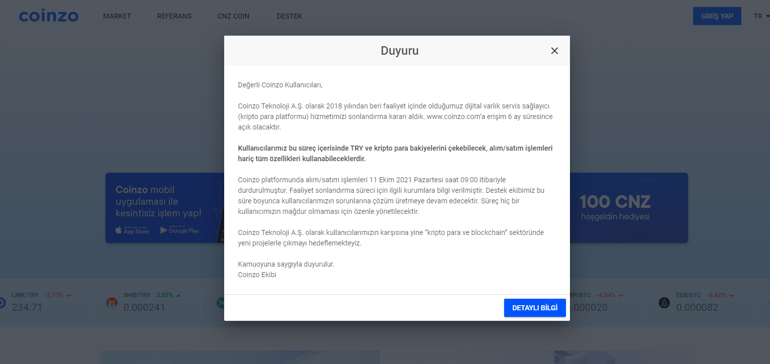 Coinzo faaliyetlerini durdurdu