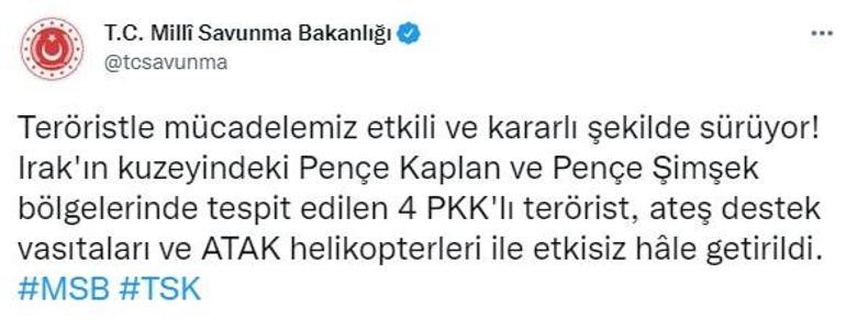 Irakın kuzeyinde 4 PKKlı terörist etkisiz hale getirildi