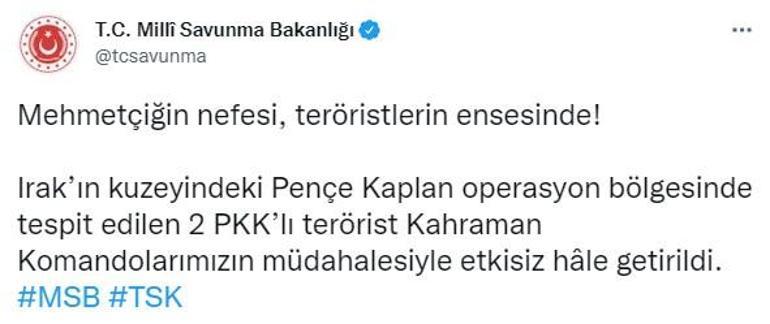 MSB: Pençe Kaplan bölgesinde 2 PKK’lı etkisiz hale getirildi