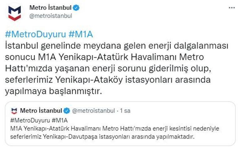 Yenikapı-Atatürk Havalimanı Metro Hattı seferlerinde aksama