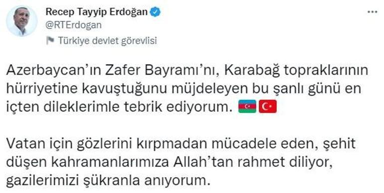 Cumhurbaşkanı Erdoğan, Azerbaycanın Zafer Bayramını kutladı