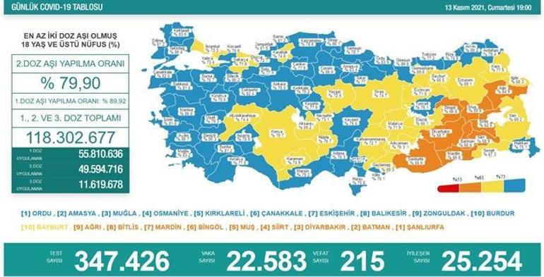 Son dakika: 13 Kasım 2021 koronavirüs tablosu ve aşı haritası belli oldu Vakalar...