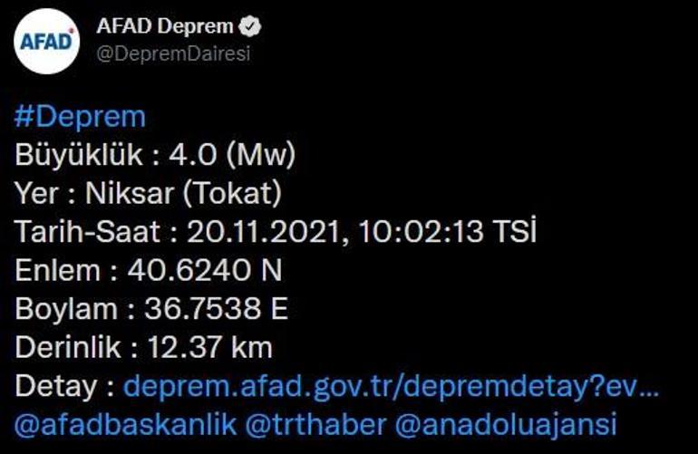 Son dakika... Tokatta 4.0 ve 3.6 büyüklüğünde depremler