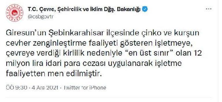 Çevre kirliliğine neden olan madencilik işletmesine 12 milyon TL ceza