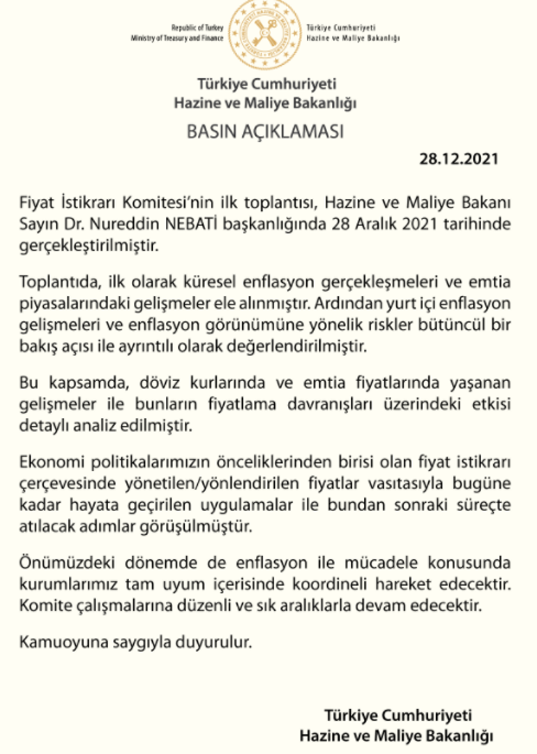 Fiyat İstikrarı Komitesi toplandı Hazine ve Maliye Bakanlığından açıklama geldi