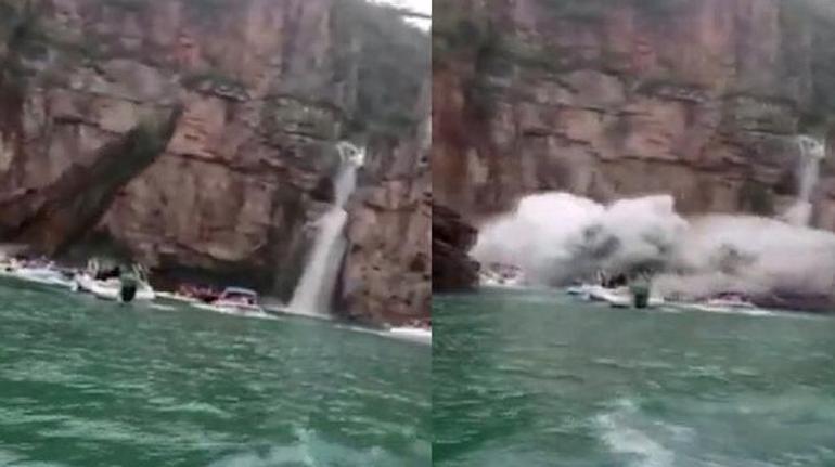 Brezilyadan şok görüntü Dev kaya teknelerin üzerine düştü: Çok sayıda ölü ve yaralı var