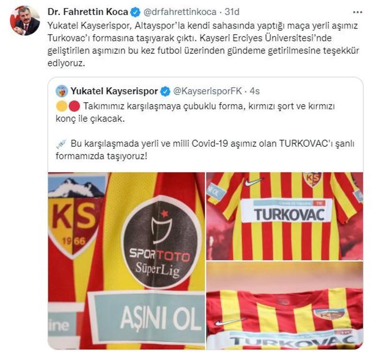 Bakan Kocadan Kayserispor’a TURKOVAC teşekkürü