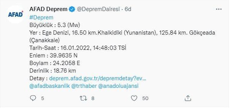 Son dakika Ege Denizinde 5.3 büyüklüğünde deprem