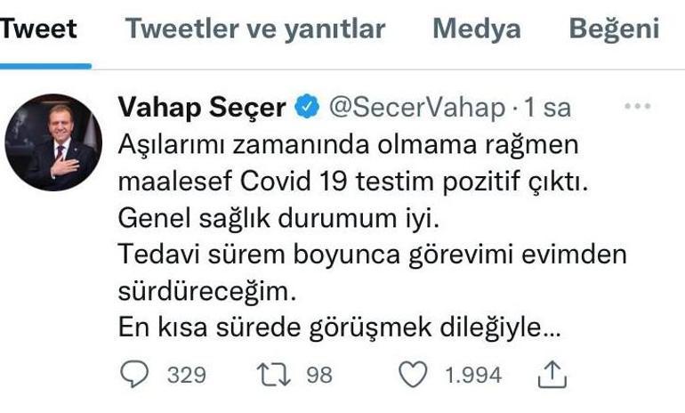 Mersin Büyükşehir Belediye Başkanı Vahap Seçer, koranavirüse yakalandı