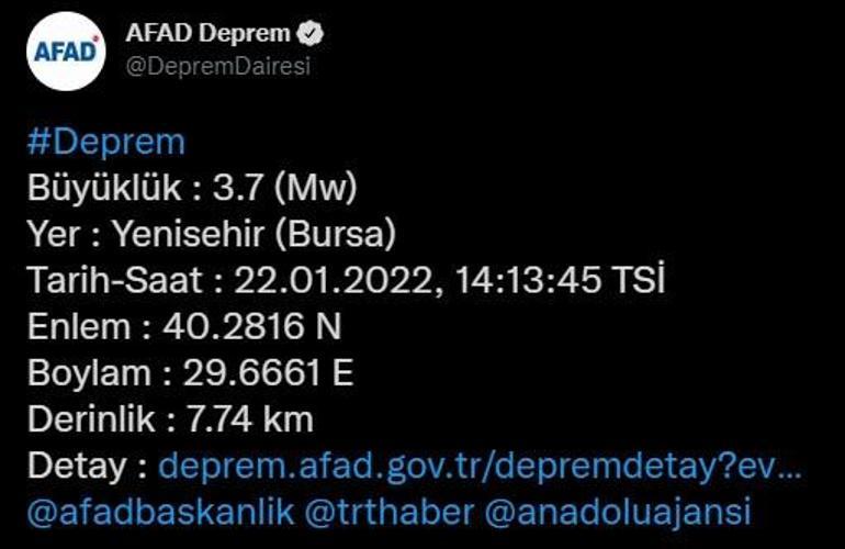 Bursada 3.7 büyüklüğünde deprem