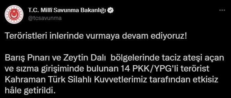 Barış Pınarı ve Zeytin Dalı bölgelerinde 14 PKKlı etkisiz hale getirildi