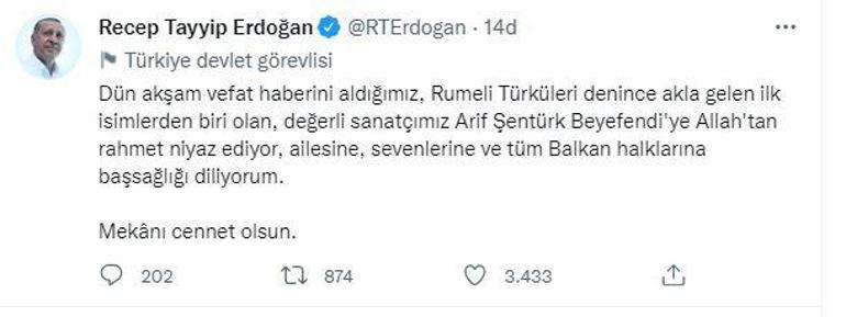 Cumhurbaşkanı Erdoğandan Arif Şentürk için taziye mesajı