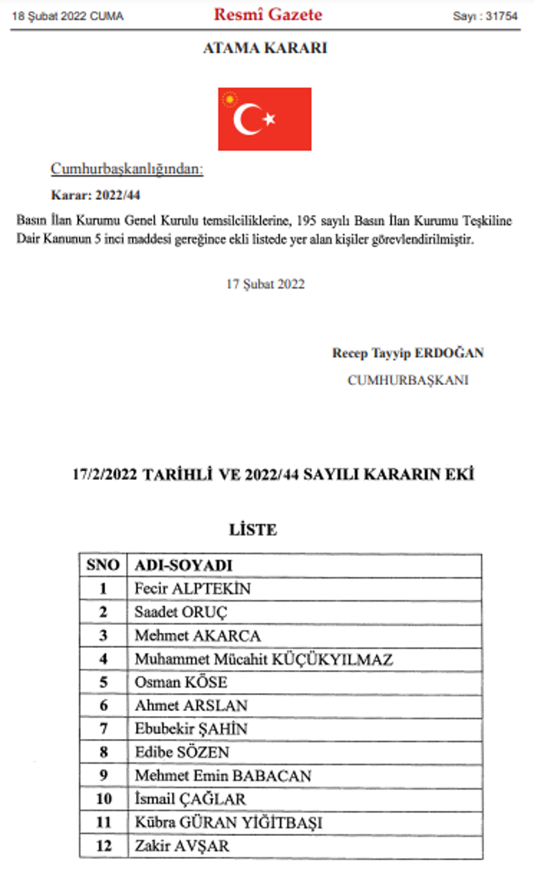 Basın İlan Kurumuna ilişkin atama kararları Resmi Gazetede