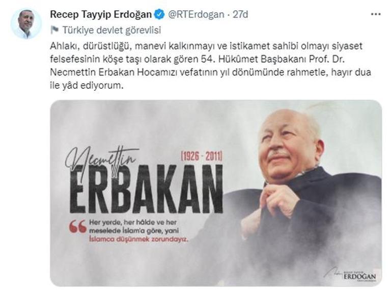 Cumhurbaşkanı Erdoğan, Necmettin Erbakan’ı andı